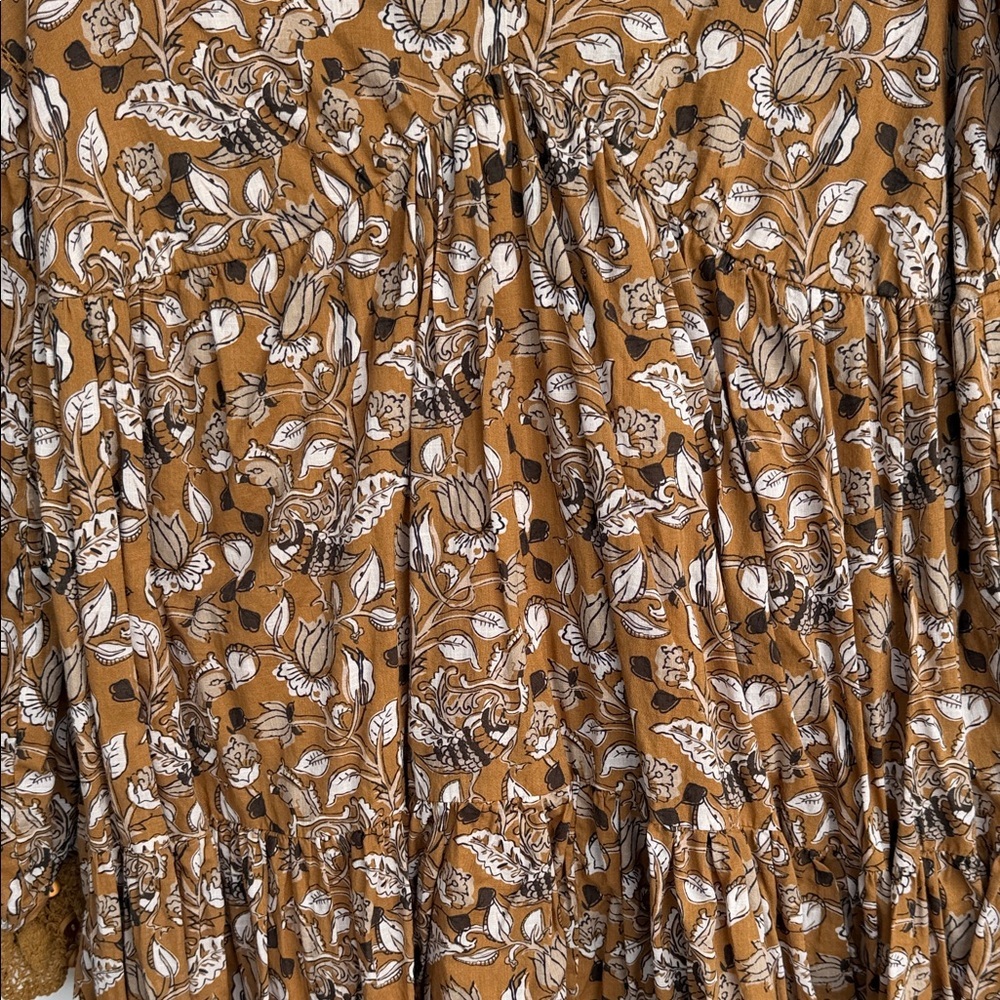 Anthropologie Floral Tiered Cottagecore Boho Dress Petite 6P Mustard Botanical - Picture 12 of 16